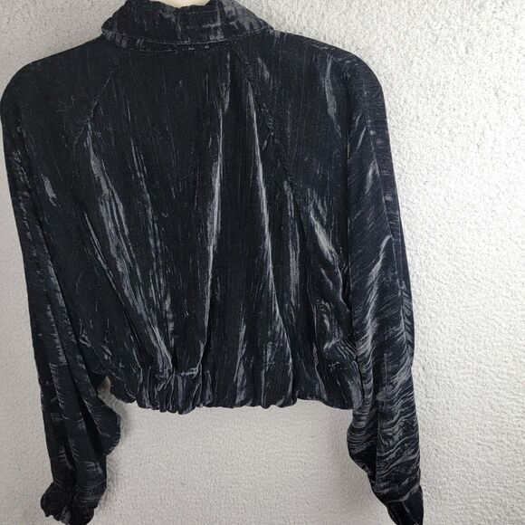 Zara Jacket Womens M Black Crushed Velvet Cropped Silver Zipper Pockets Dolman - Picture 14 of 15